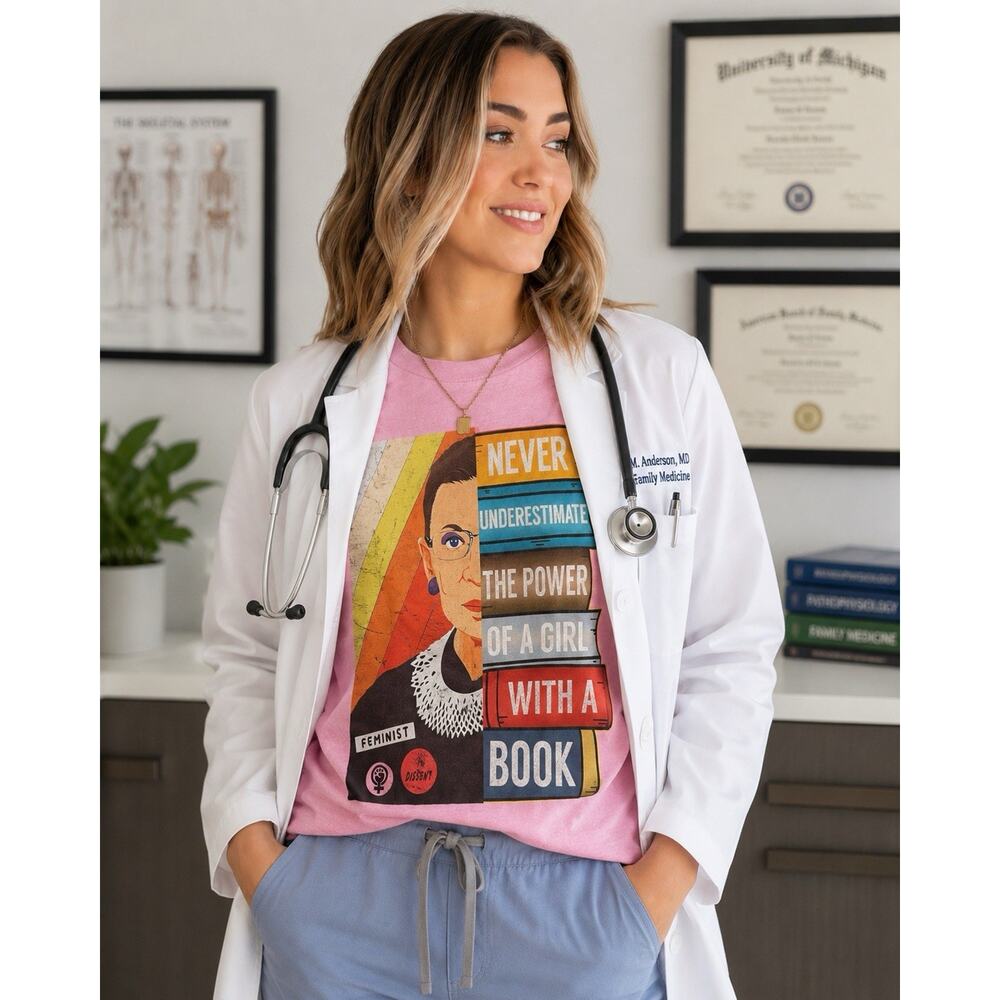 Ruth Bader Ginsburg Feminist Graphic Tee Pink Book Lover Shirt Large